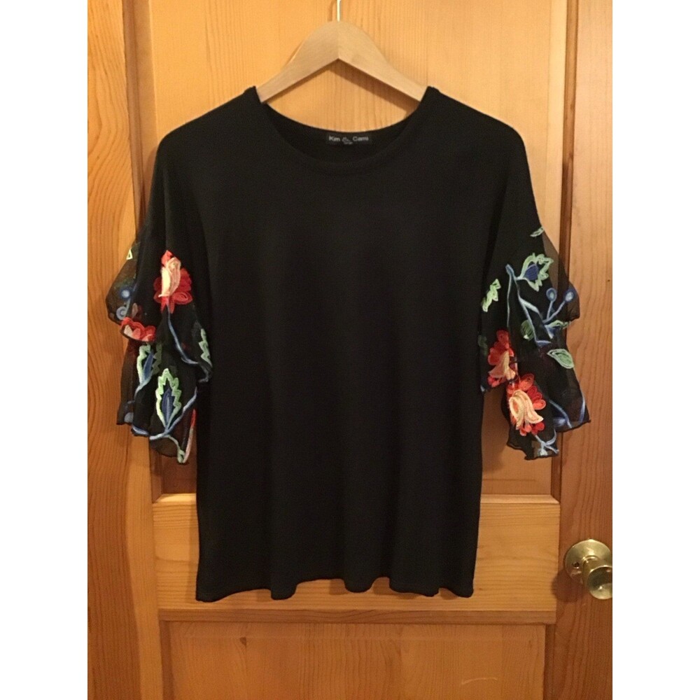 Kim Cami Black Floral Ruffle Sleeve Blouse Top